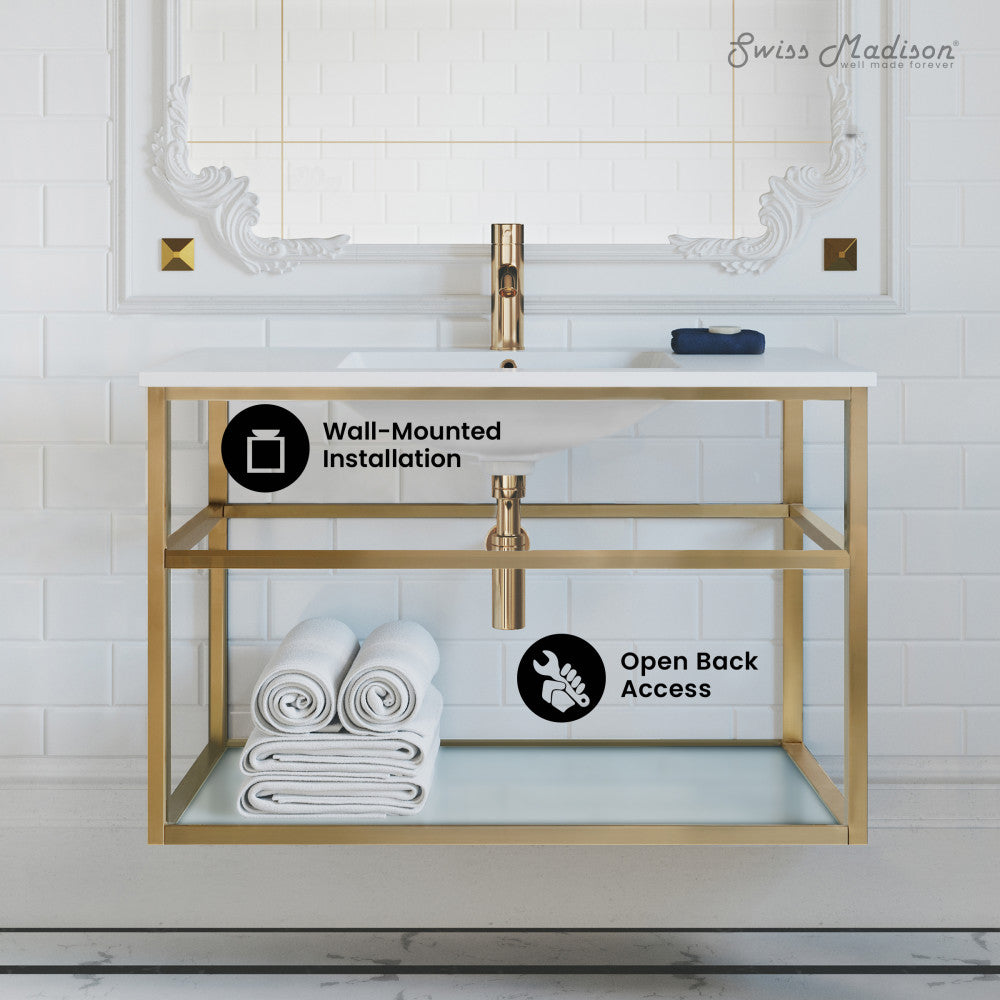 Pierre 36 Single, Open Shelf, Gold Metal Frame Bathroom Vanity