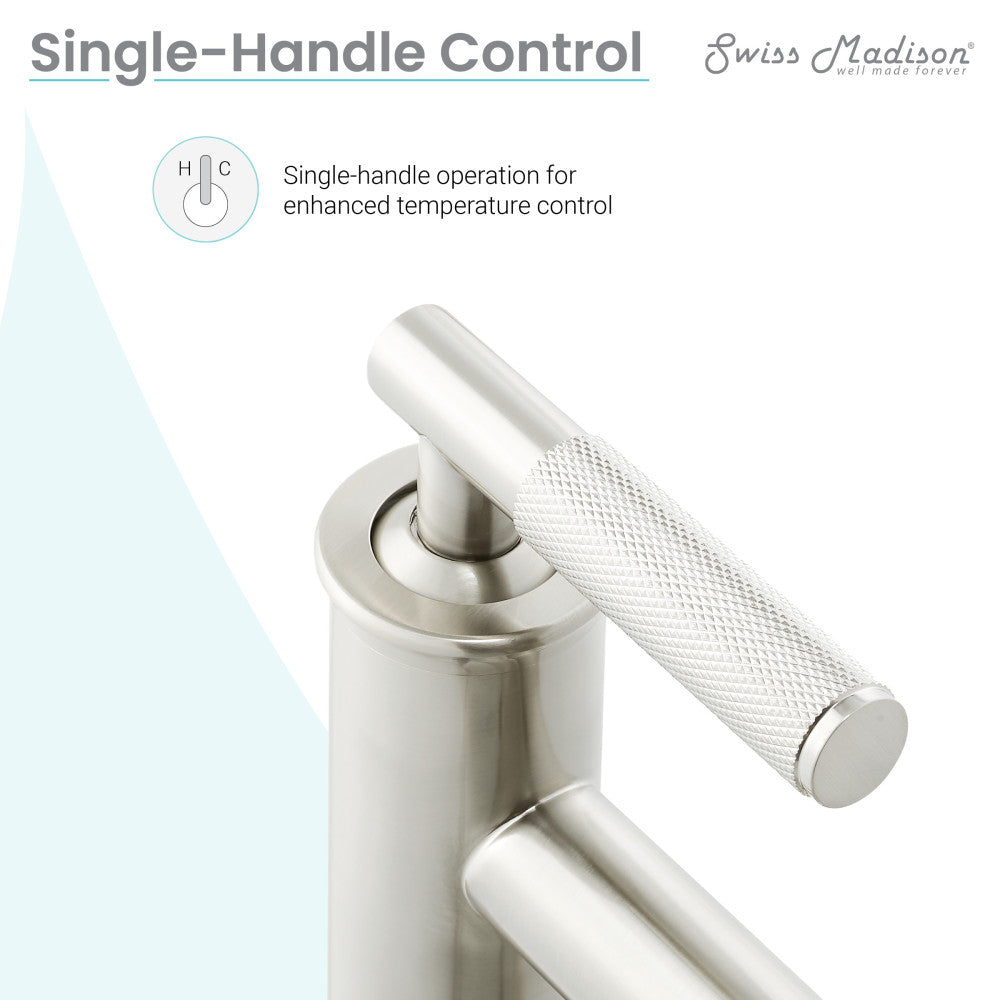 Single-handle bathroom faucet in brushed nickel with textured lever handle and sleek modern design.