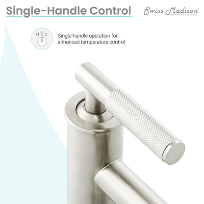 Single-handle bathroom faucet in brushed nickel with textured lever handle and sleek modern design.