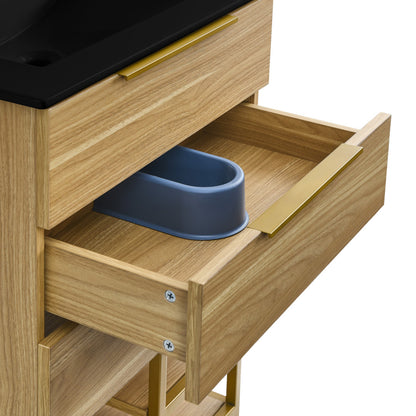 Carre 24 in. Golden Oak Bathroom Vanity with Black, 3-Hole Ceramic Sink Top