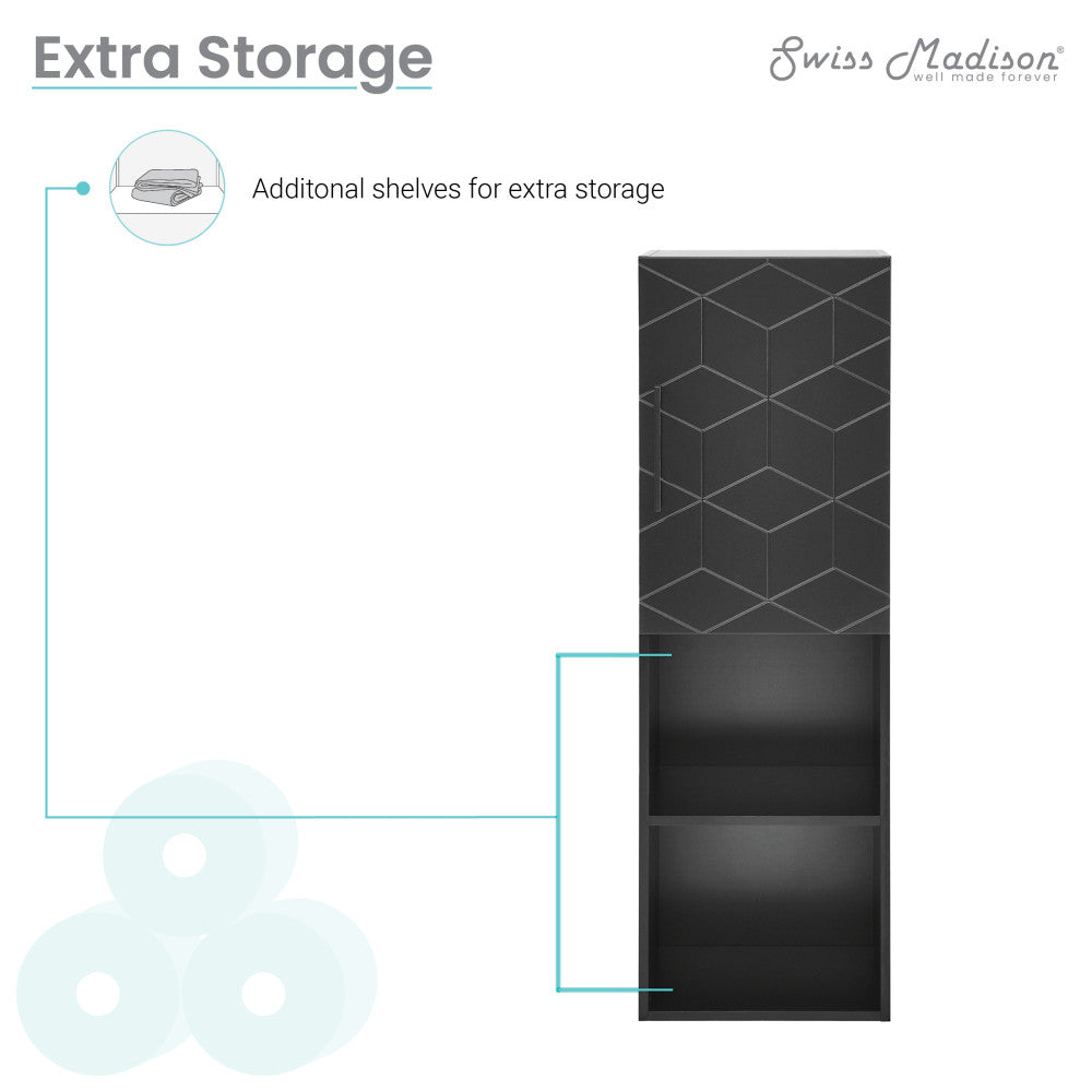 15" W wall-mount linen cabinet in phantom black with soft-close doors and open storage shelf.
