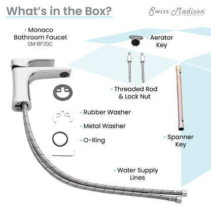 Single-handle Monaco bathroom faucet in chrome with aerator key and water supply lines visible.
