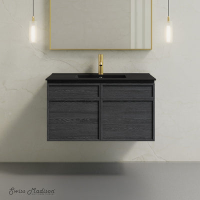 St. Tropez 36" Wall-Mounted Bathroom Vanity in Black Oak with Black Sink Top