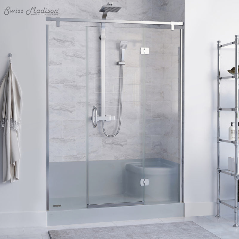 Aquatique 60" x 32" Single Threshold Shower Base With Left Hand Drain and Integral Right Hand Seat in Gray