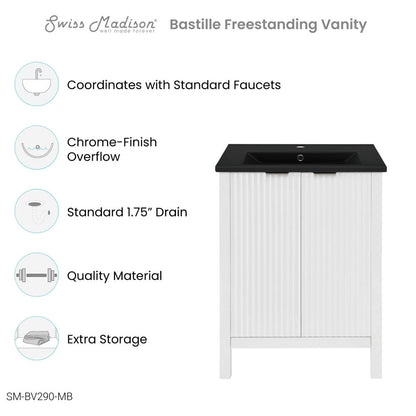 Bastille 24 in. White Bathroom Vanity With Black Ceramic Sink Top