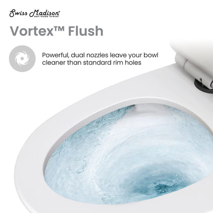 Elongated one-piece toilet with dual vortex flush and black hardware, 1.1/1.6 gpf.