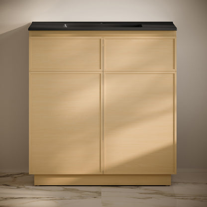 St. Tropez 36" Freestanding Bathroom Vanity in Natural Oak with Black Sink Top