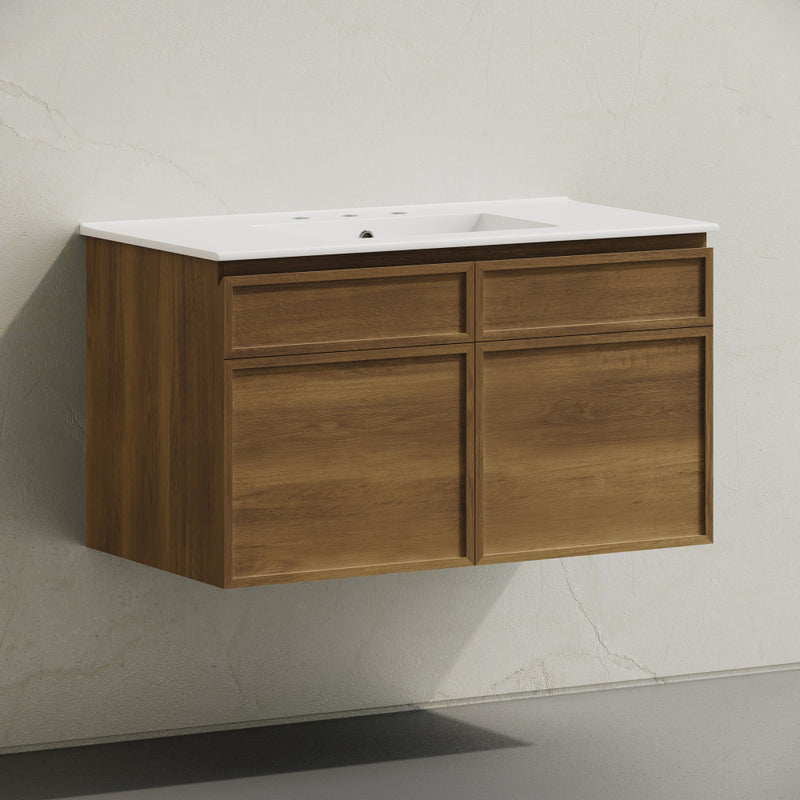 St. Tropez 36" Wall-Mounted Bathroom Vanity in Brown Oak with 3-Hole Widespread Sink Top