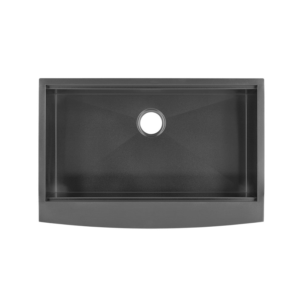 33 x 22 inch single basin farmhouse workstation sink in black stainless steel with apron front.