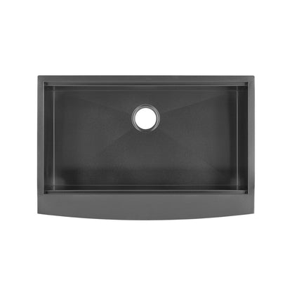33 x 22 inch single basin farmhouse workstation sink in black stainless steel with apron front.