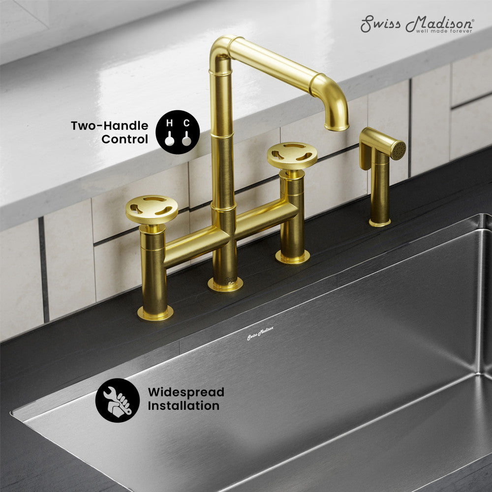 Avallon Pro Widespread Kitchen Faucet with Side Sprayer in Brushed Gold