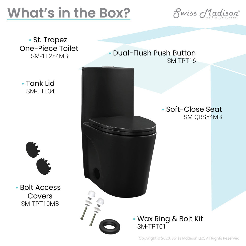 Elongated one-piece toilet in matte black with dual-flush push button and soft-close seat.