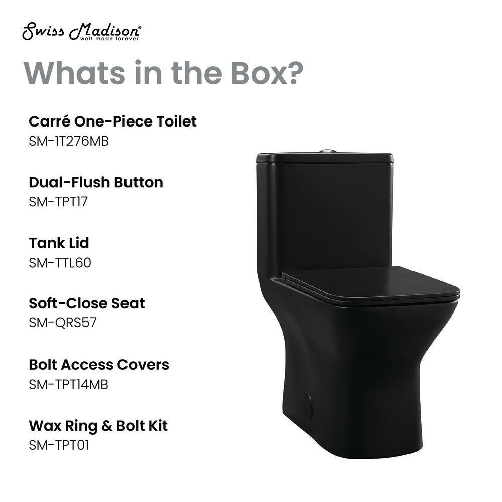 Elongated one-piece toilet in matte black, dual flush, skirted trapway, compact design.