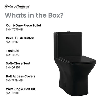 Elongated one-piece toilet in matte black, dual flush, skirted trapway, compact design.