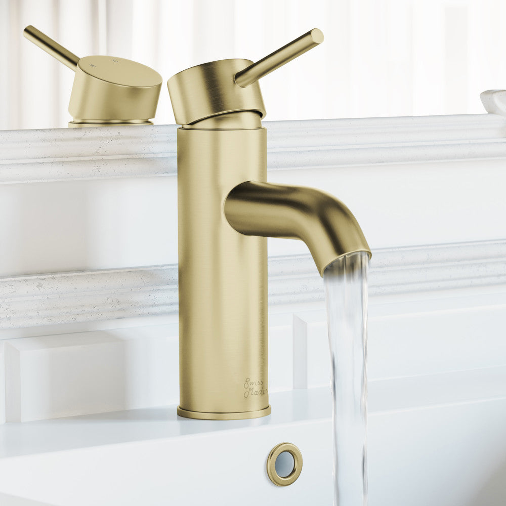 Single-handle bathroom faucet in brushed gold with cylindrical body and curved spout, water flowing from tap.