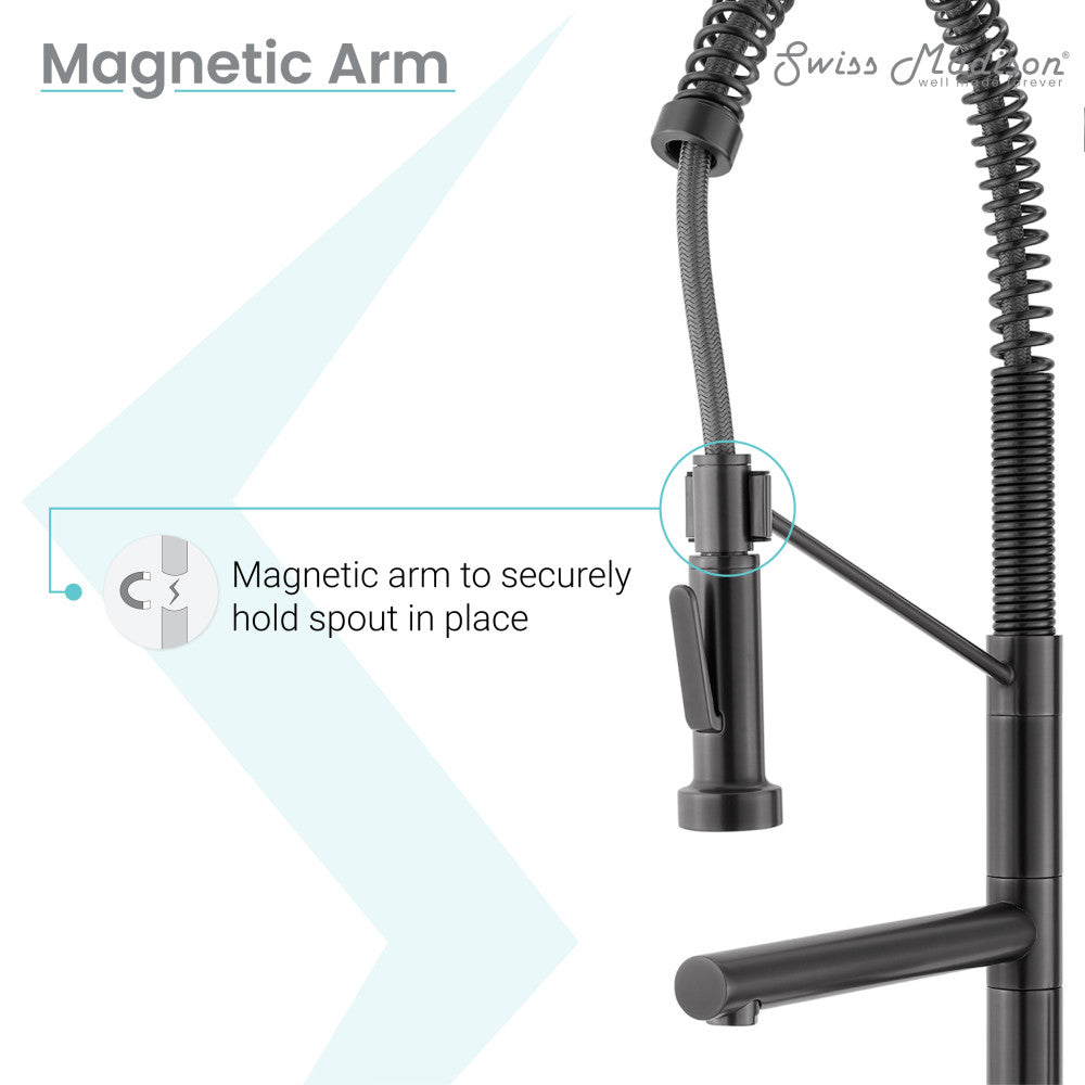 Single handle pull-down kitchen faucet in gunmetal gray with magnetic arm and pot filler.