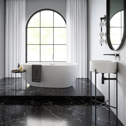 16.5-inch round console sink with white basin and matte black metal legs, wall-mounted bathroom sink.