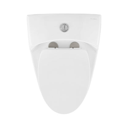 Elongated one-piece toilet with dual flush, white ceramic, compact design, round flush buttons on top.
