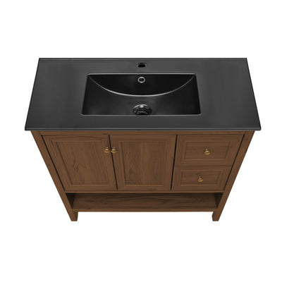 Chateau 36" Freestanding Bathroom Vanity in Brown Oak with Black Sink Top
