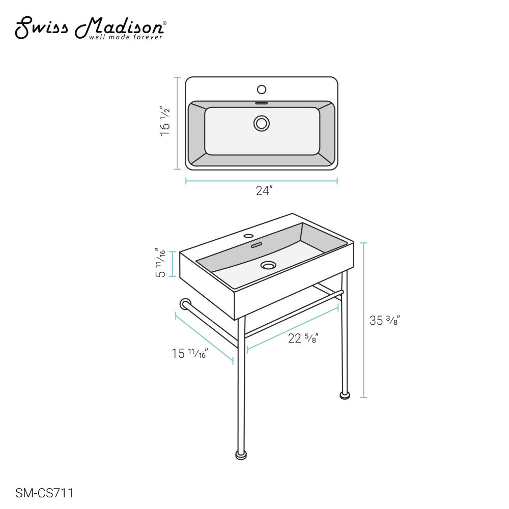 24-inch rectangular console sink with chrome legs, single faucet hole, and integrated drain and P-trap.