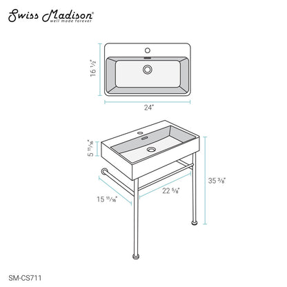 24-inch rectangular console sink with chrome legs, single faucet hole, and integrated drain and P-trap.