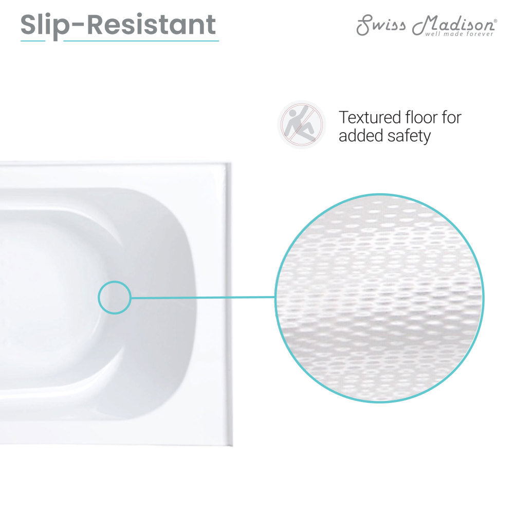 60-inch right-hand drain alcove bathtub with apron front and textured slip-resistant floor.