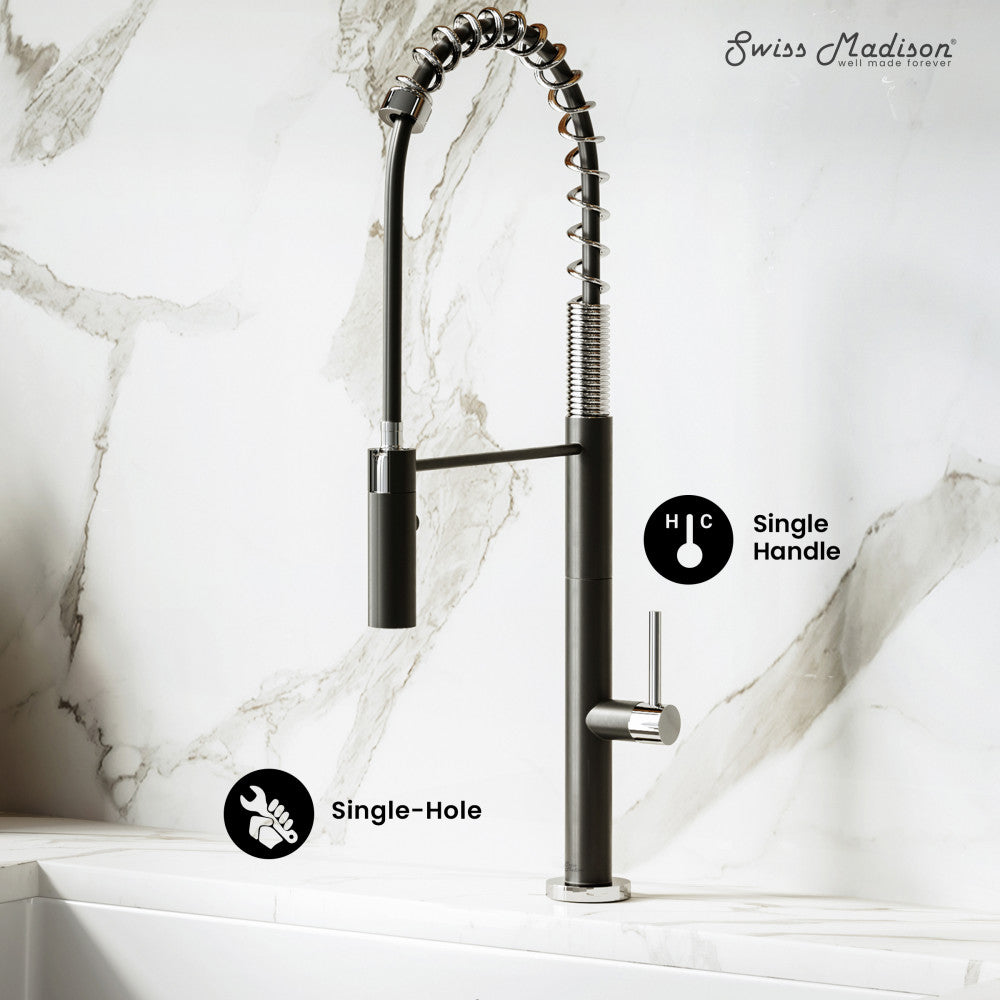 Chalet Single Handle, Pull-Down Kitchen Faucet in Brushed Nickel and Black