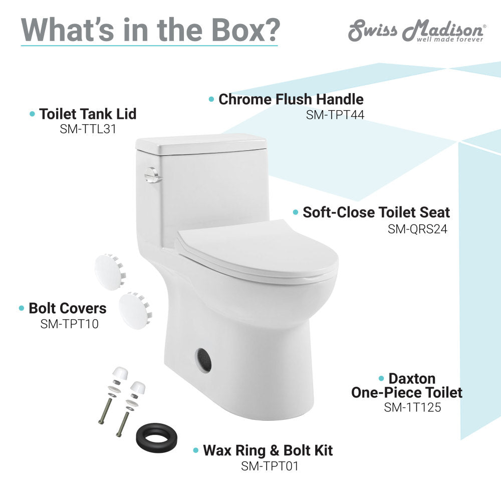 Elongated one-piece toilet with left side flush handle and soft-close seat in white porcelain.