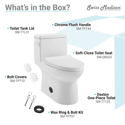 Elongated one-piece toilet with left side flush handle and soft-close seat in white porcelain.