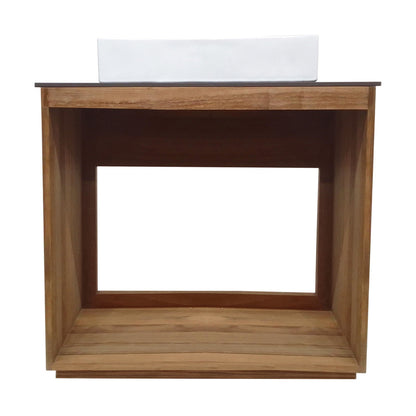 36-inch freestanding reclaimed wood bathroom vanity with slate countertop and single hole vessel sink.