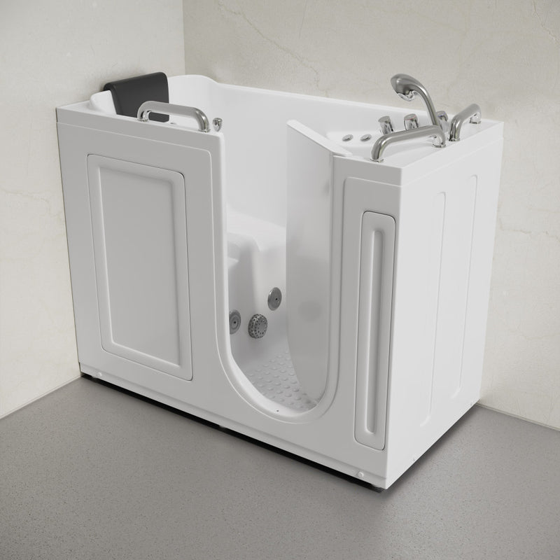 Auvergne 53" x 27" ADA Left Drain Walk-in Soaking Bathtub with Massage Jets in Glossy White, Faucet Set, Drain, Grab Bars, Pillow Included