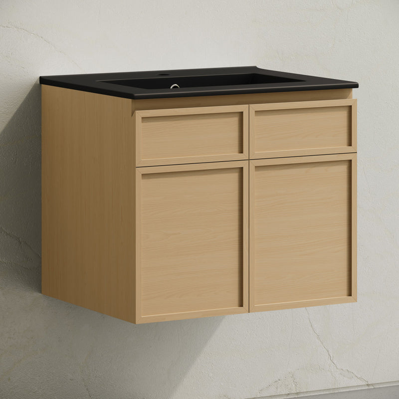 St. Tropez 24" Wall-Mounted Bathroom Vanity in Natural Oak with Black Sink Top