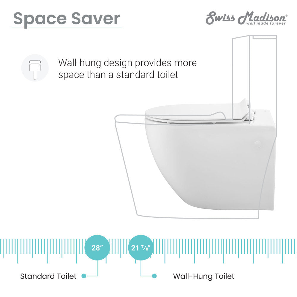 Elongated wall-hung toilet with skirted trapway in white, space-saving design.