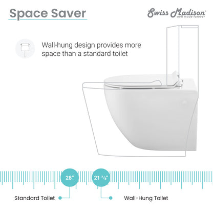 Elongated wall-hung toilet with skirted trapway in white, space-saving design.