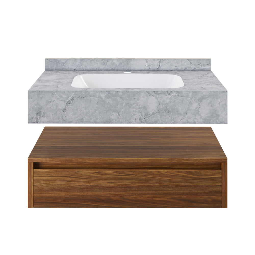 Avancer 36" Wall-Mounted Bathroom Vanity in Brown Oak with Storm Gray Sink Top
