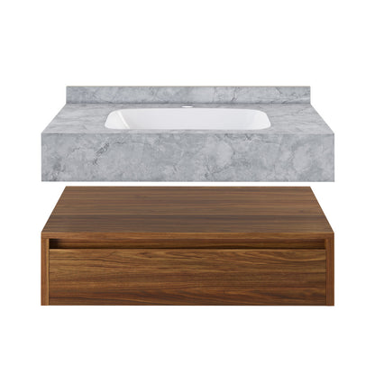 Avancer 36" Wall-Mounted Bathroom Vanity in Brown Oak with Storm Gray Sink Top