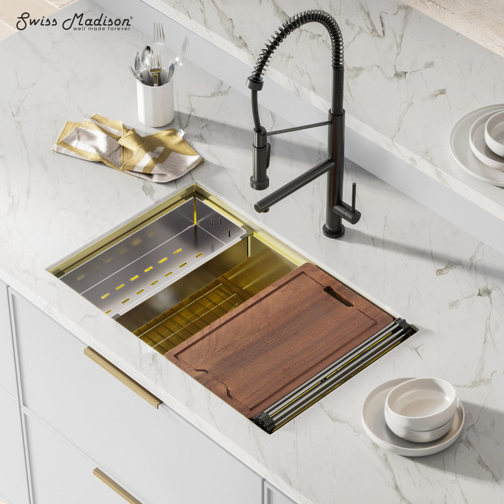 Tourner 30 x 19 Stainless Steel, Single Basin, Undermount Kitchen Workstation Sink in Gold