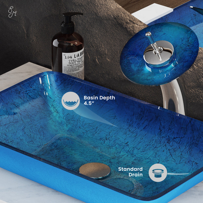 Cascade Rectangular Glass Vessel Sink with Faucet, Ocean Blue