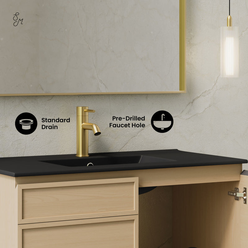 St. Tropez 36" Wall-Mounted Bathroom Vanity in Natural Oak with Black Sink Top