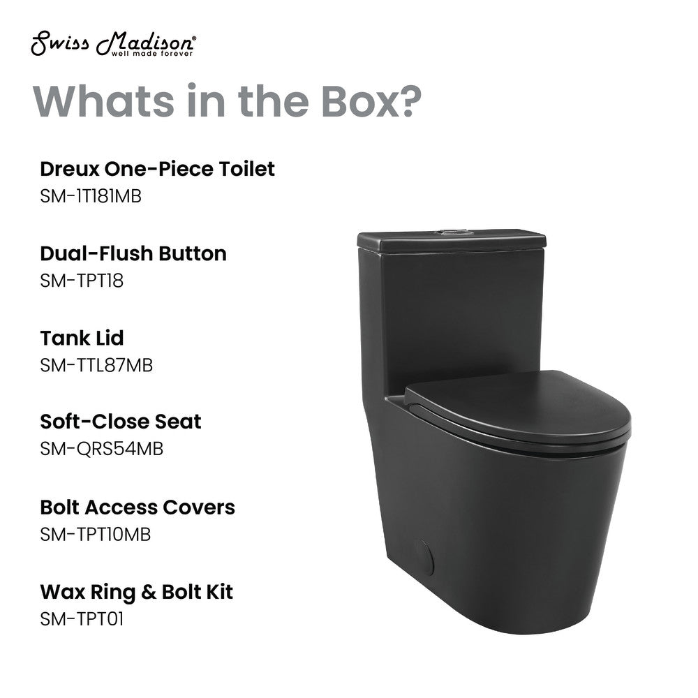 Elongated one-piece toilet in matte black with dual flush and soft-close seat.