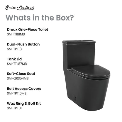 Elongated one-piece toilet in matte black with dual flush and soft-close seat.
