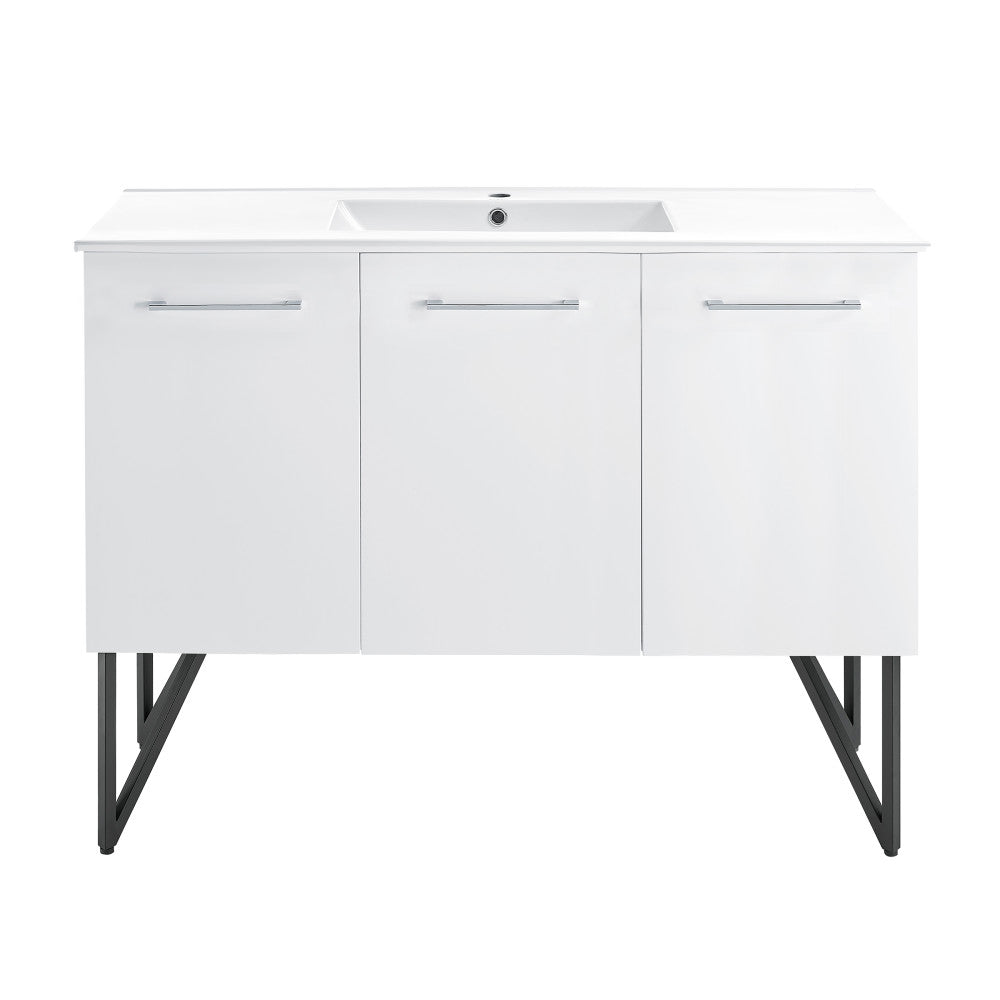 48-inch freestanding white bathroom vanity with single sink and soft-close doors on metal legs.