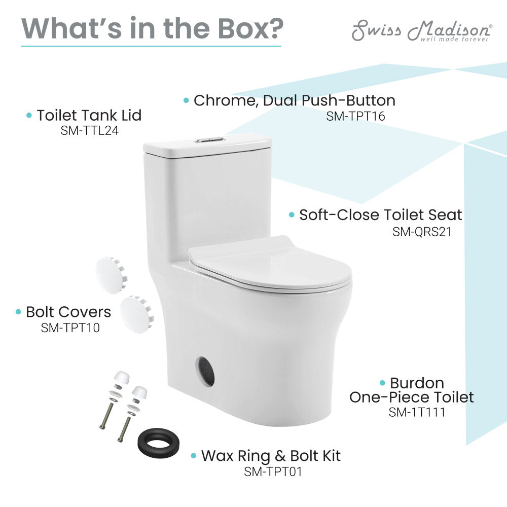 Elongated one-piece toilet with dual flush and soft-close seat in white porcelain.