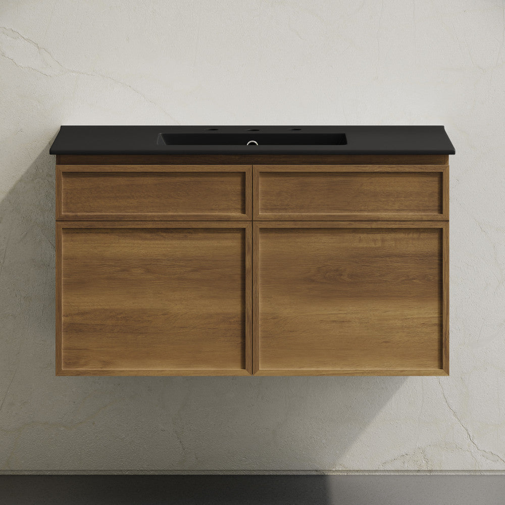St. Tropez 36" Wall-Mounted Bathroom Vanity in Brown Oak with Black 3-Hole Widespread Sink Top