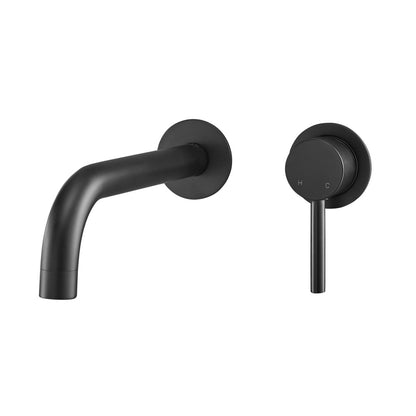 Wall-mount bathroom faucet in matte black, single-handle with curved spout and round backplates.