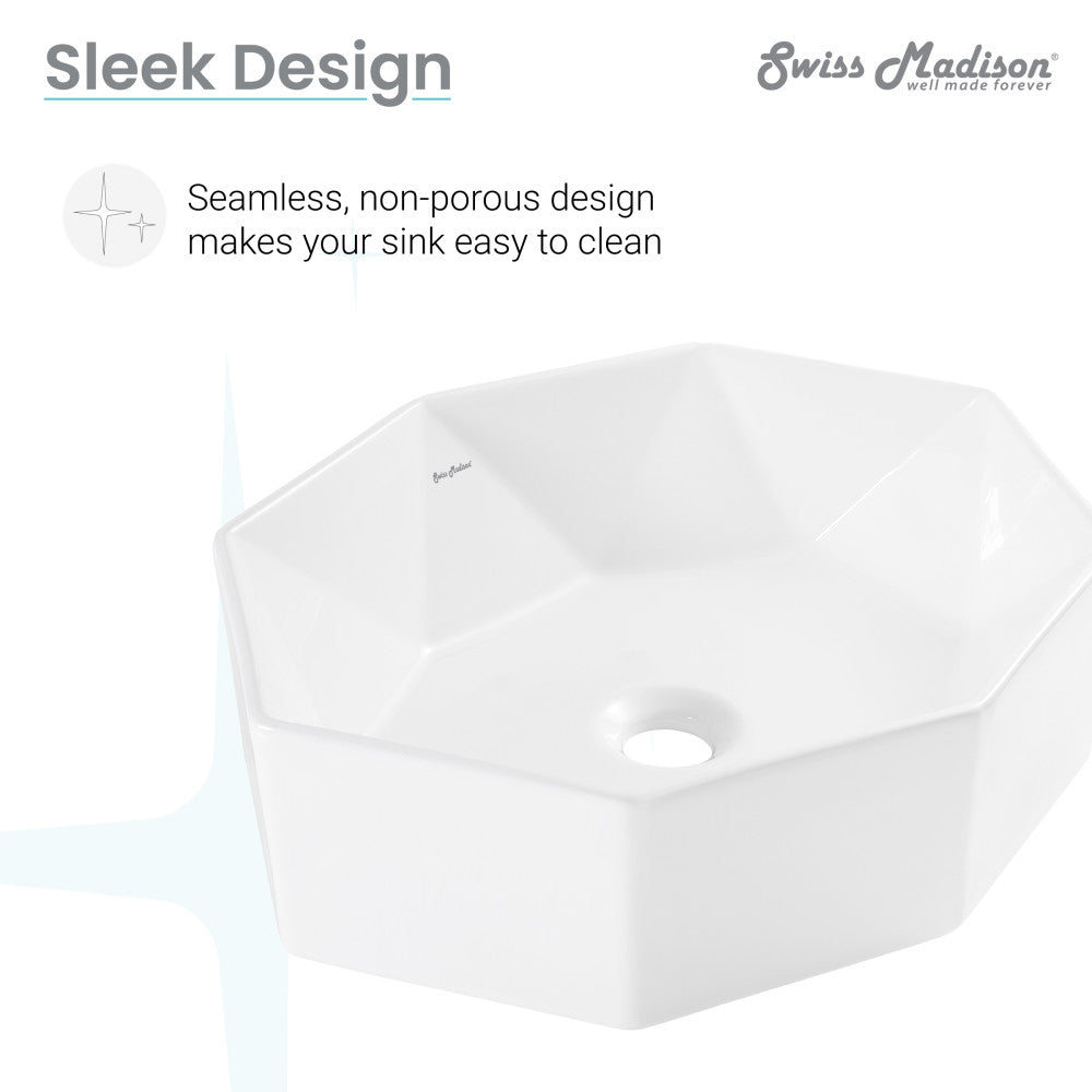 Glossy white ceramic vessel sink, 19.25 inch, geometric polygonal shape, seamless design.