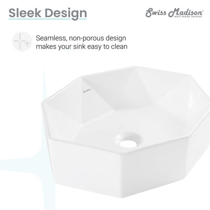 Glossy white ceramic vessel sink, 19.25 inch, geometric polygonal shape, seamless design.