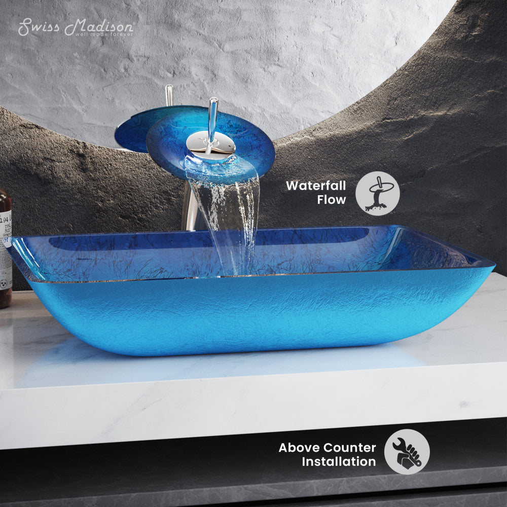 Cascade Rectangular Glass Vessel Sink with Faucet, Ocean Blue