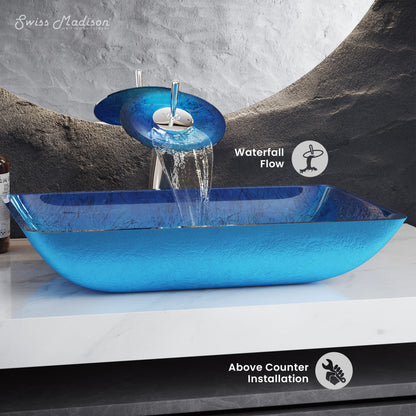 Cascade Rectangular Glass Vessel Sink with Faucet, Ocean Blue