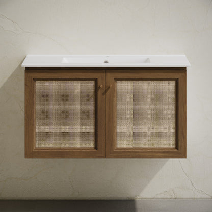 Classe 36" Wall-Mounted Bathroom Vanity in Brown Oak with Single Faucet Hole Vanity Top